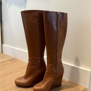 Brown Leather Knee-High Wedge Boots